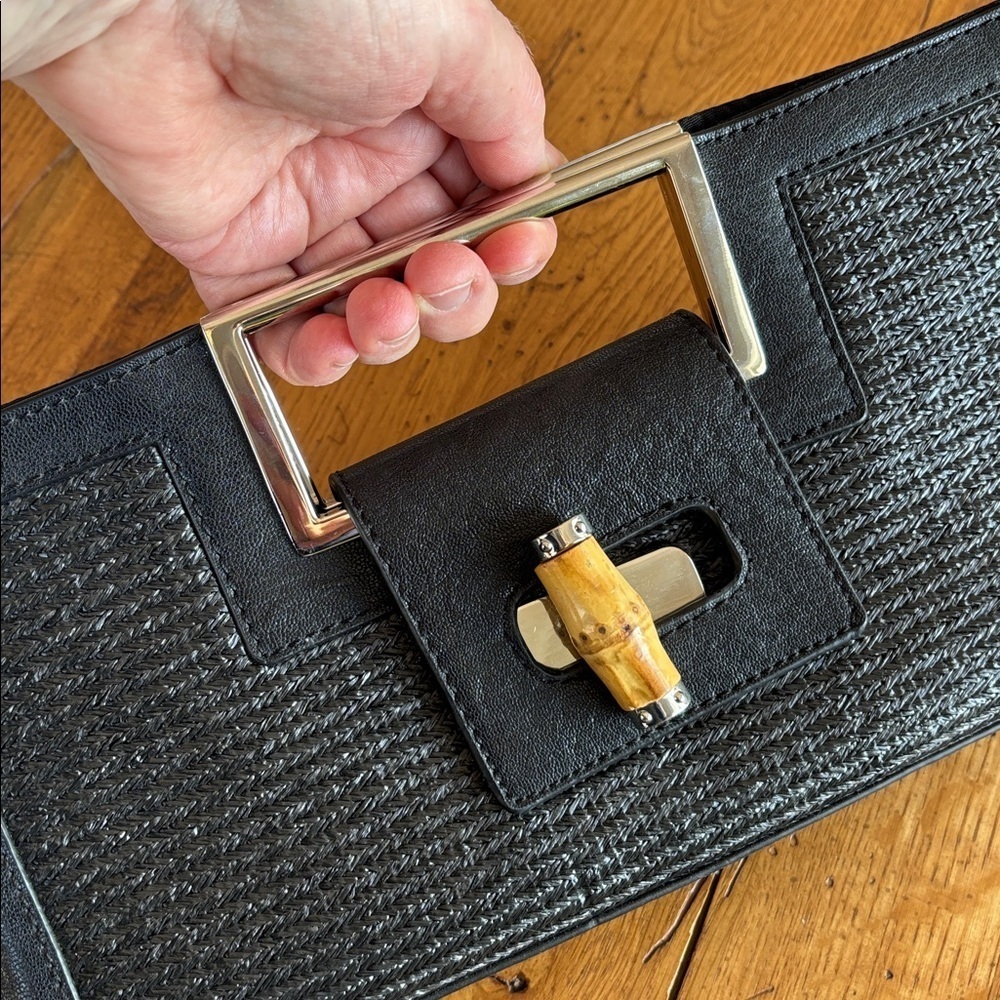 The Limited Black Leather and Woven Clutch Silver Tone Handle Toggle Close Bag - Picture 10 of 11